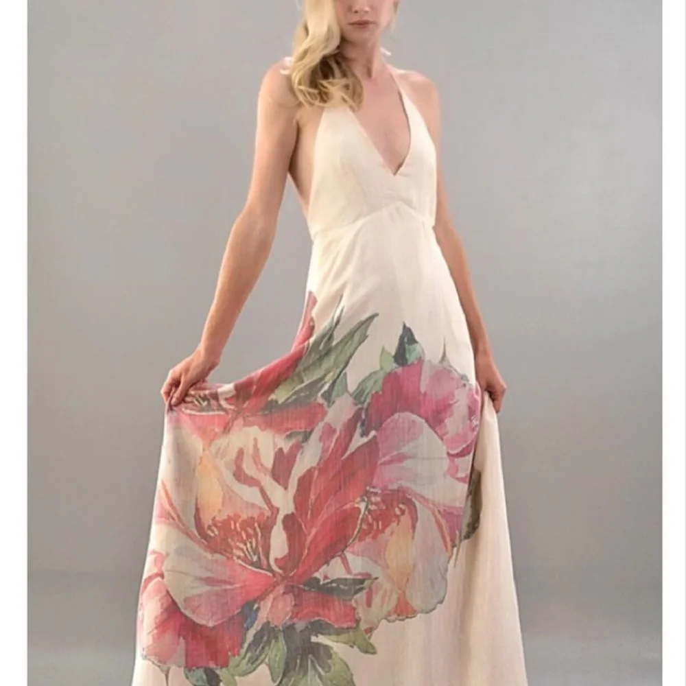 Floral Halter Maxi Dress in Cream and Pink - Picture 3 of 9